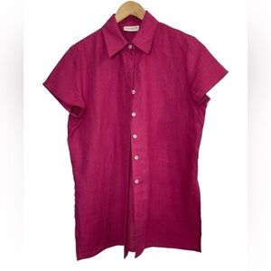 Amanda Smith magenta pink short sleeve linen blouse with waist tie in back
